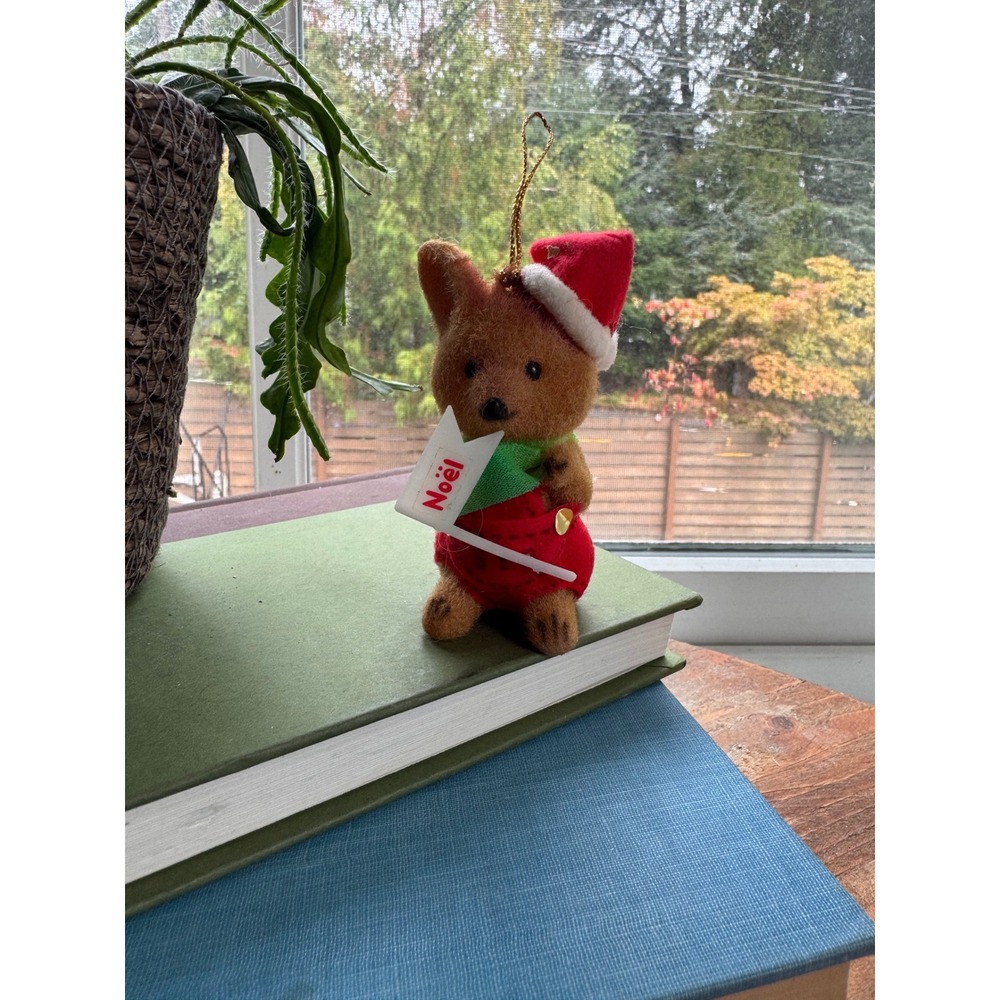 Vintage Morgan Inc Sydney Flocked Kangaroo Christmas Ornament Noel Santa Hat